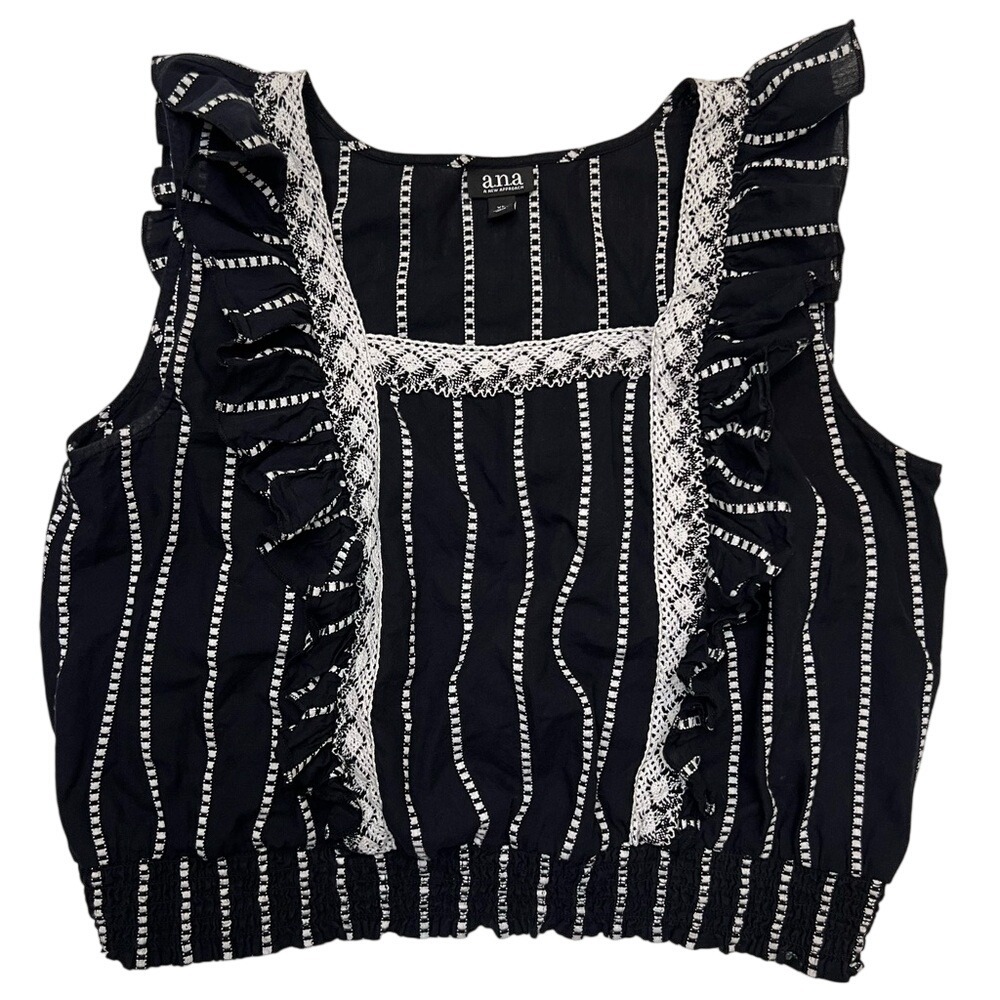 a.n.a Black and White Ruffled Smocked Sleeveless Peasant Cottagecore Top Size XL